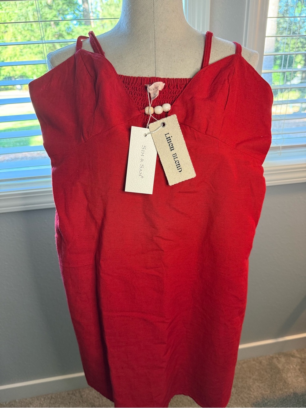 Sleeveless Red Linen-Blend Mini Dress with Spaghetti Straps - Picture 2 of 6